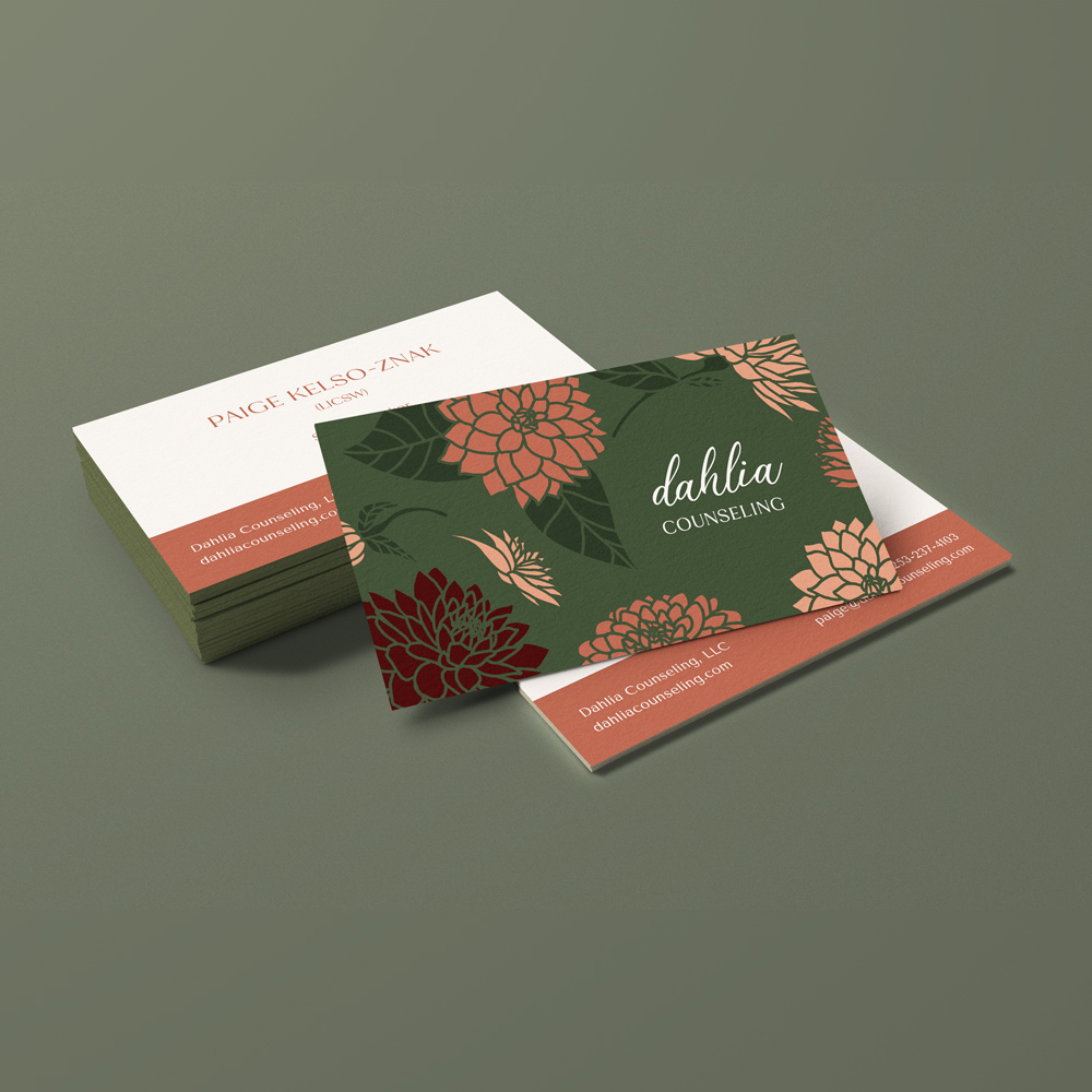 Business card design for Dahlia Counseling, a therapy practice
