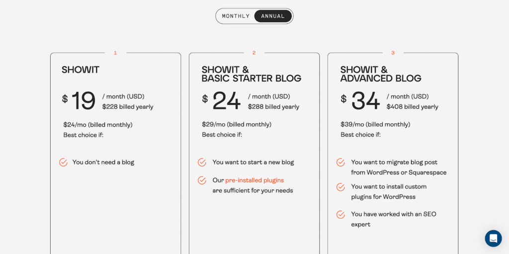 Showit pricing page