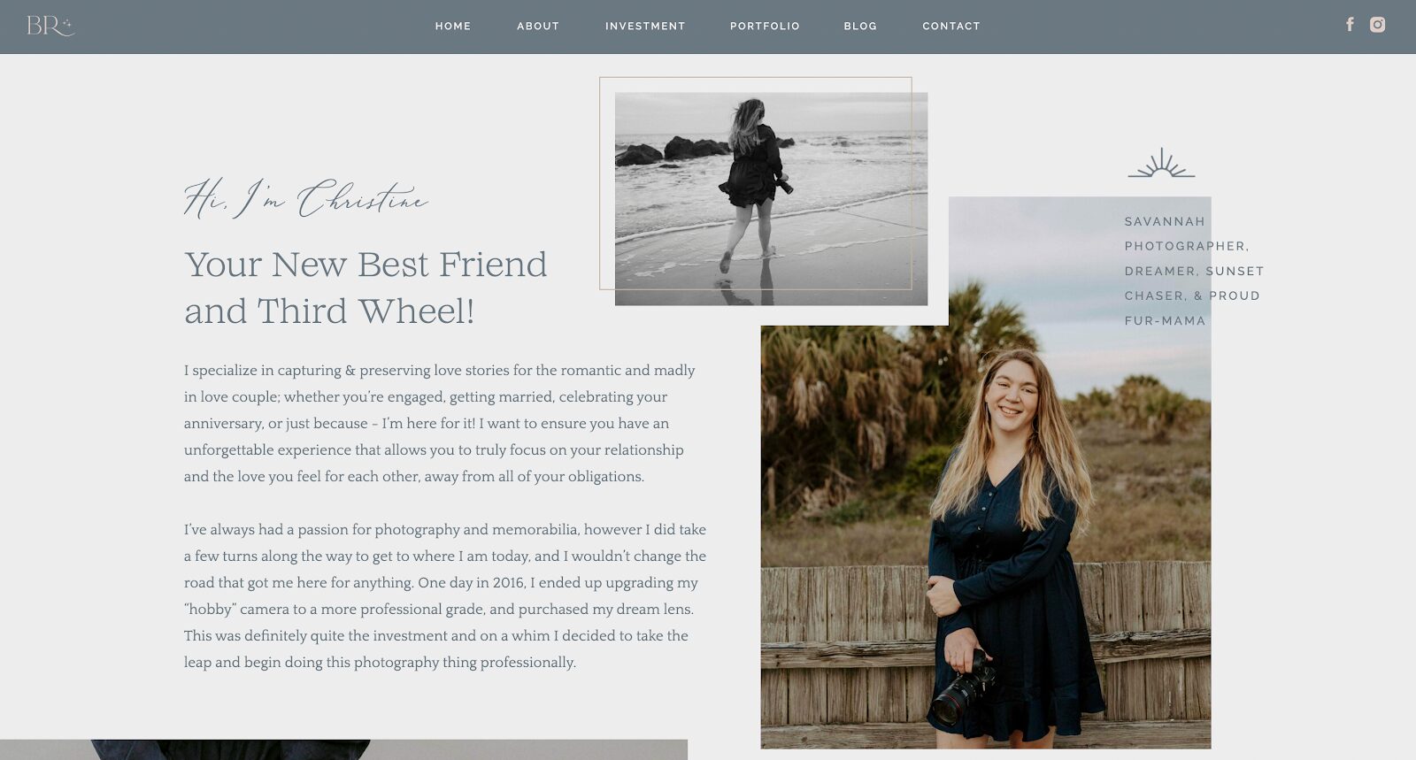 Example of personality-driven website design for photographers, Susannah's origin story. 