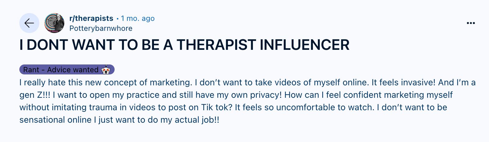 A therapist feeling uncomfortable about social media marketing. 