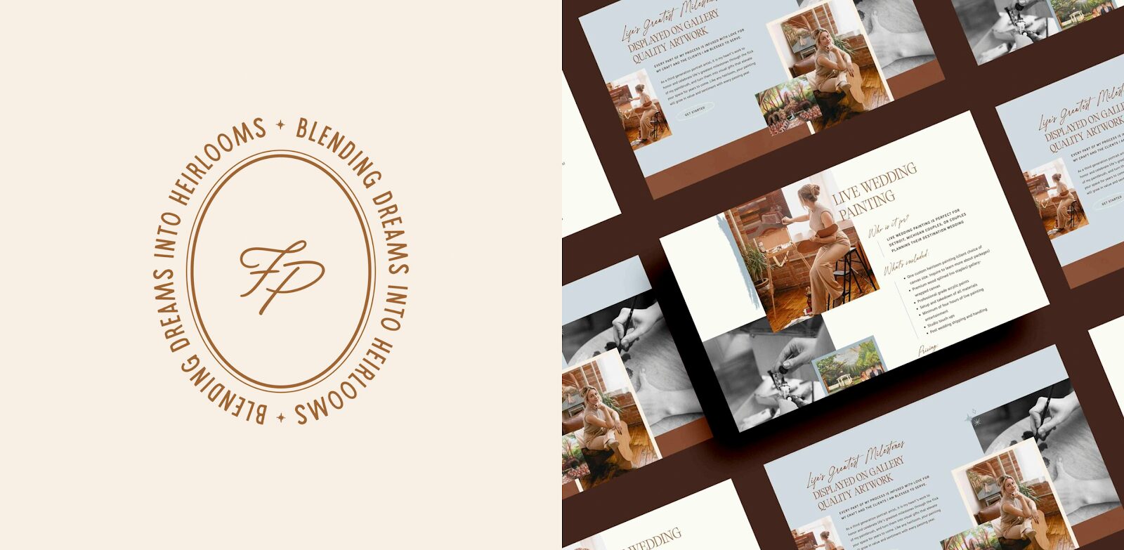 Example of artist branding, a live wedding painter blends dreams into heirlooms. 
