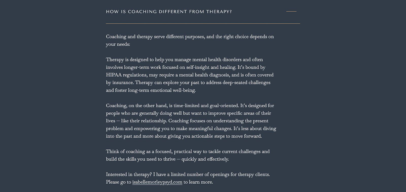 FAQ example on Dr. Isabelle Morley's page that clarifies the difference between coaching and therapy.