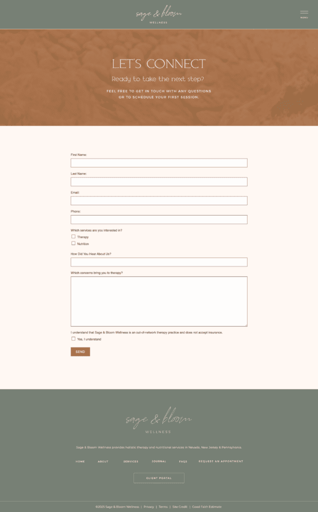 Sage and Bloom Wellness as an example of a HIPAA compliant contact form.