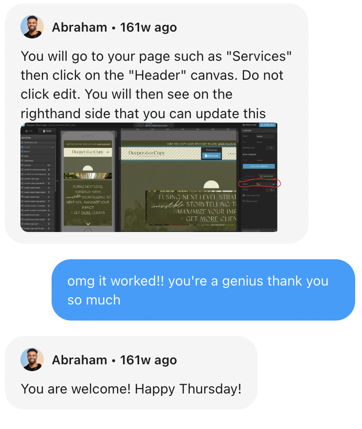 Screenshot showing messages from Showit customer support. 