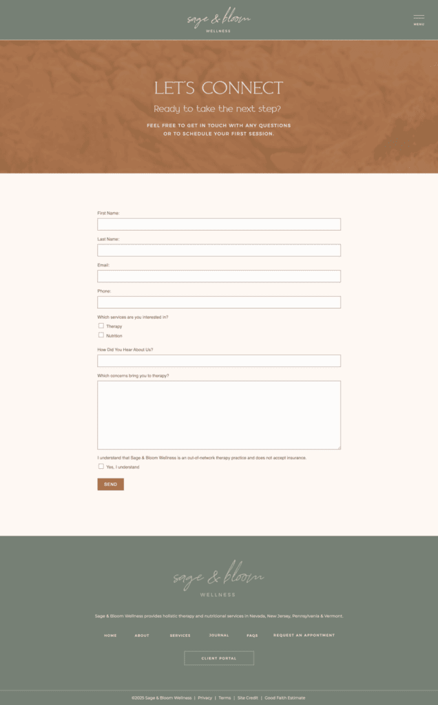 Example of a HIPAA-compliant contact form for a therapy practice for women.