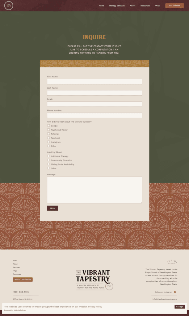 Example of a HIPAA compliant contact form, The Vibrant Tapestry. 