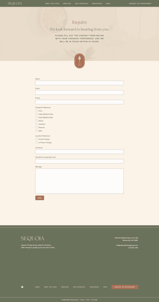 Example of a HIPAA-compliant contact form for a therapy practice.