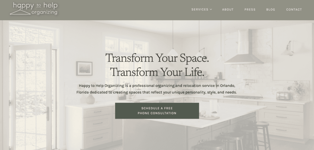Happy to Help Organizing, example of website design for home organizers. 